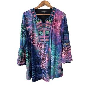 Calessa Embroidered Velvet Burnout Peasant Top Size 1X Bright Boho Bell Sleeve